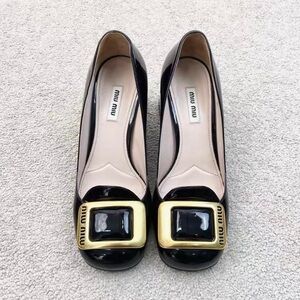 Miu Miu Black Patent Leather Pumps with Gold Buckle and Black Inset